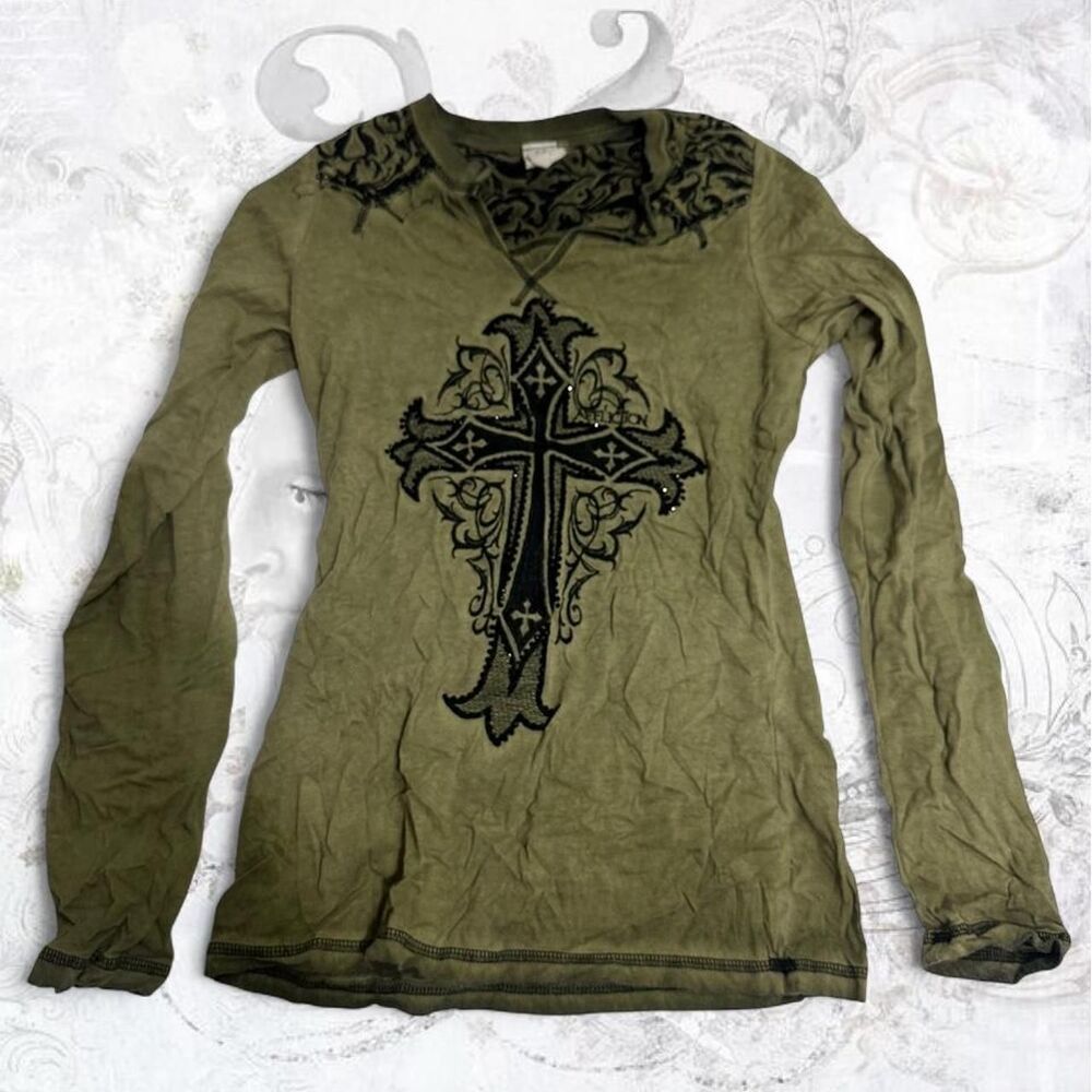 Affliction Women's Green and Khaki Shirt